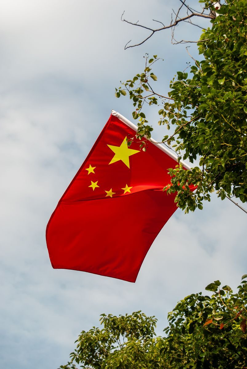 Vibrant Chinese flag waves amongst green foliage under the expansive sky.
