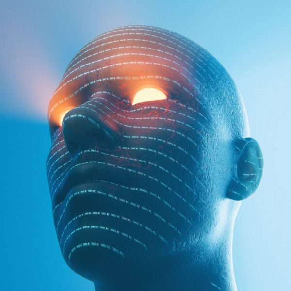 A cyberpunk-inspired AI robot portrait with glowing eyes, showcasing a sci-fi aesthetic and futuristic concepts.