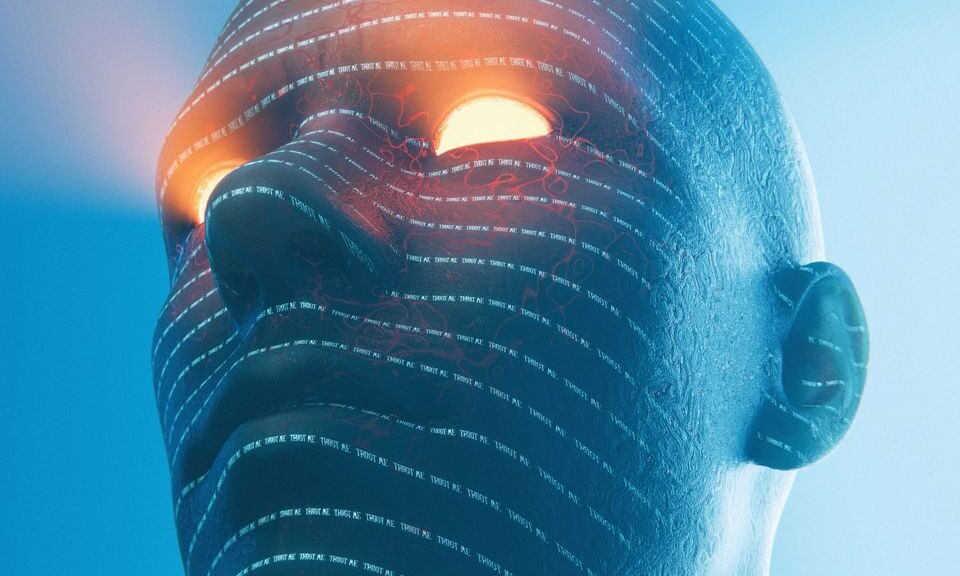 A cyberpunk-inspired AI robot portrait with glowing eyes, showcasing a sci-fi aesthetic and futuristic concepts.