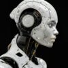 A white robot is standing in front of a black background
