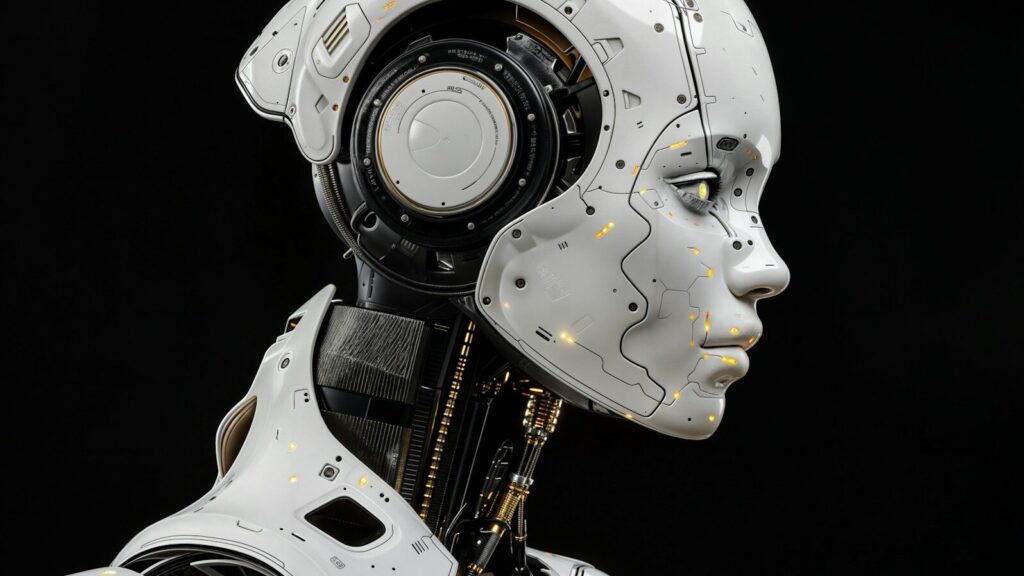 A white robot is standing in front of a black background
