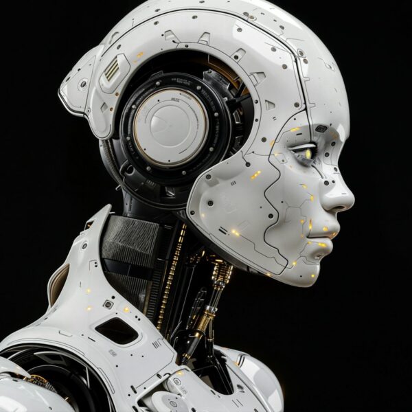 A white robot is standing in front of a black background