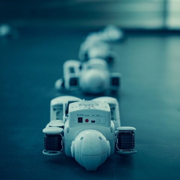 Vertical shot of white robots aligned on a dark surface, emphasizing technology.