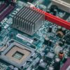 Detailed image of a modern computer motherboard showcasing components and circuits.