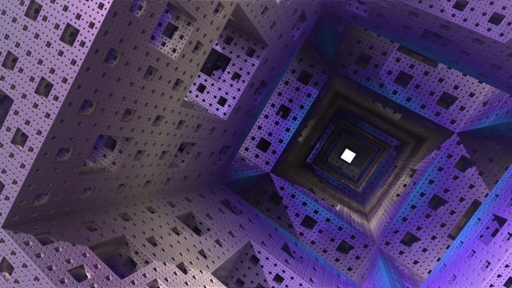 Abstract 3D fractal tunnel with intricate geometric patterns in shades of purple and blue.