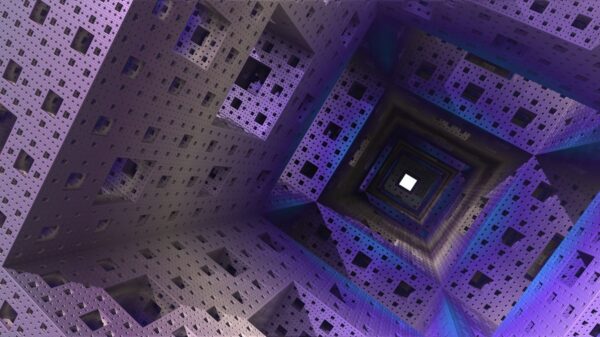 Abstract 3D fractal tunnel with intricate geometric patterns in shades of purple and blue.