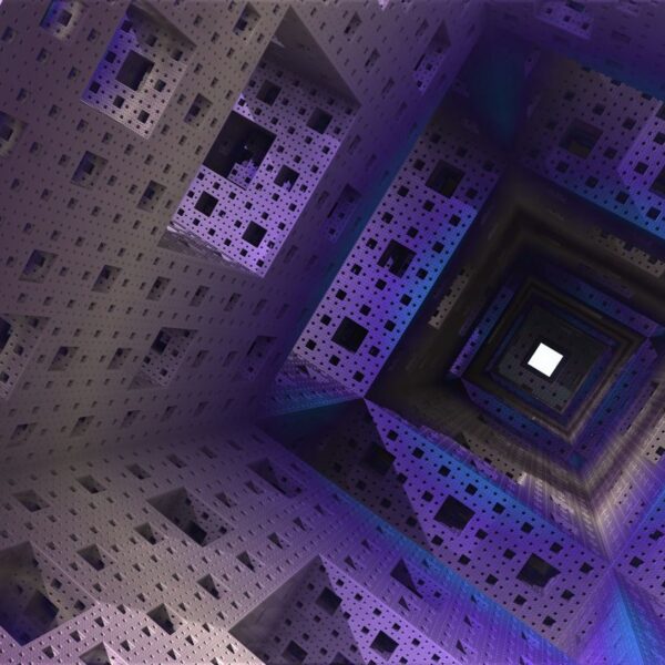 Abstract 3D fractal tunnel with intricate geometric patterns in shades of purple and blue.