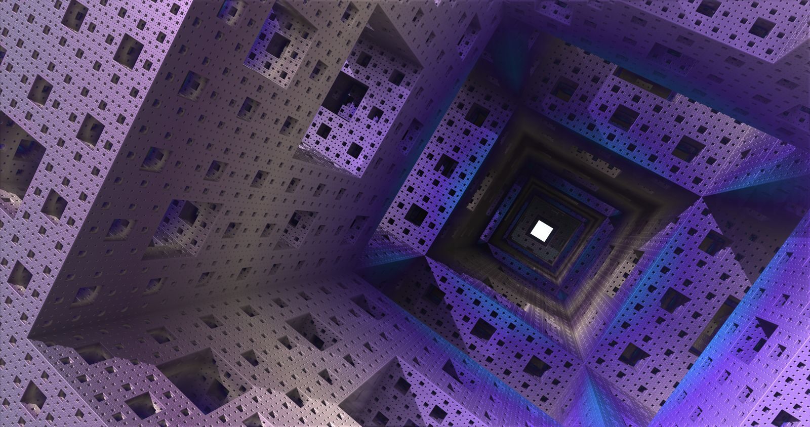 Abstract 3D fractal tunnel with intricate geometric patterns in shades of purple and blue.