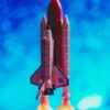 A toy rocket ship launching with vibrant flames against a bright blue bokeh background.