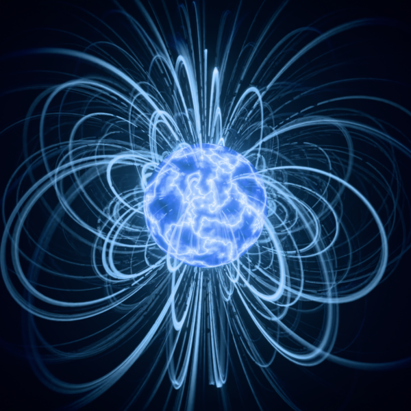 Abstract visualization of blue magnetic field lines surrounding a glowing sphere.