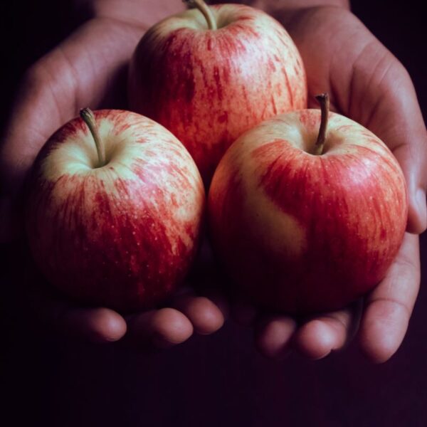Close-up of hands gently holding three ripe red apples, perfect for healthy eating.