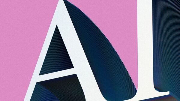 Creative AI typography art with gradient effects on a pink backdrop.
