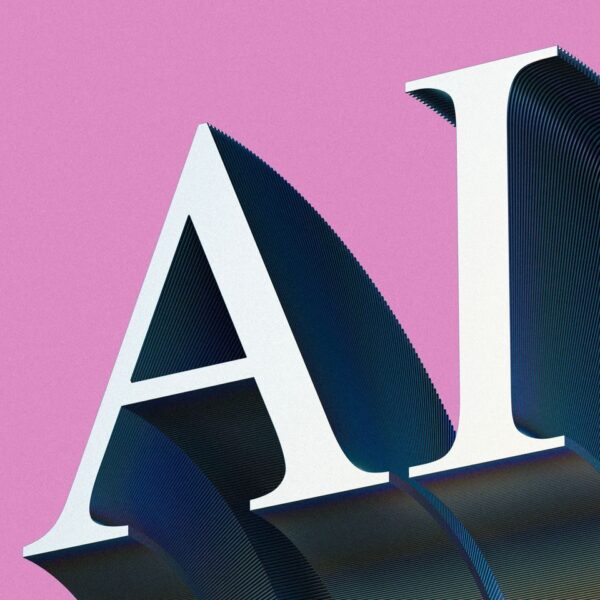 Creative AI typography art with gradient effects on a pink backdrop.