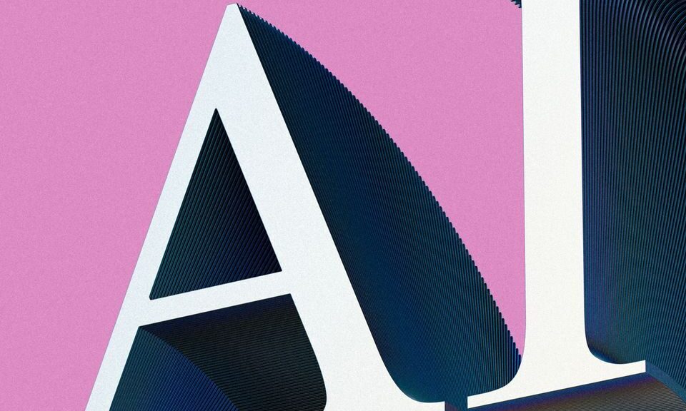 Creative AI typography art with gradient effects on a pink backdrop.