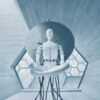 A white humanoid robot in a lotus position against a large circular disc