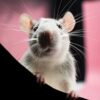 Adorable close-up of a curious domestic rat peeking over a ledge, showcasing its whiskers.