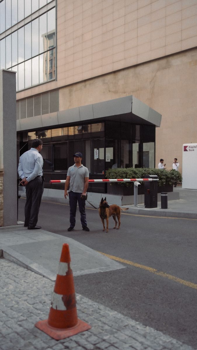 Security guard with a dog at a building entrance in Baku, Azerbaijan, emphasizing urban safety.