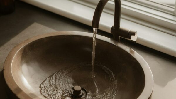 Water flowing into a bronze sink basin