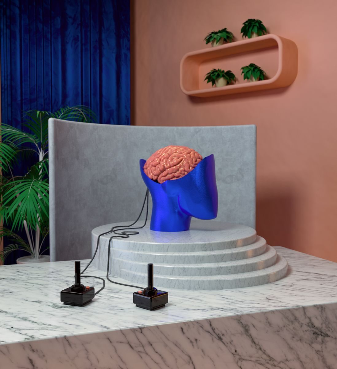 Creative modern art installation featuring a brain sculpture connected to joysticks.