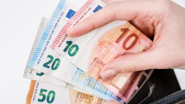 Close-up of a hand holding euro banknotes of different denominations, taken from a black wallet.